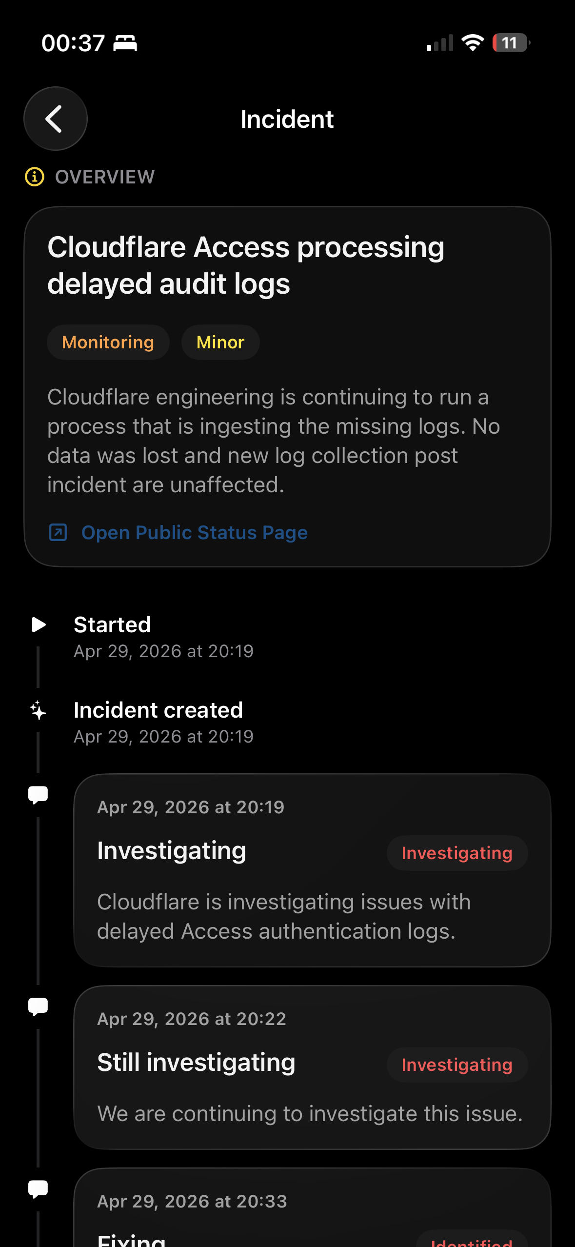 Cloudflare incident history and status details in Kintoun