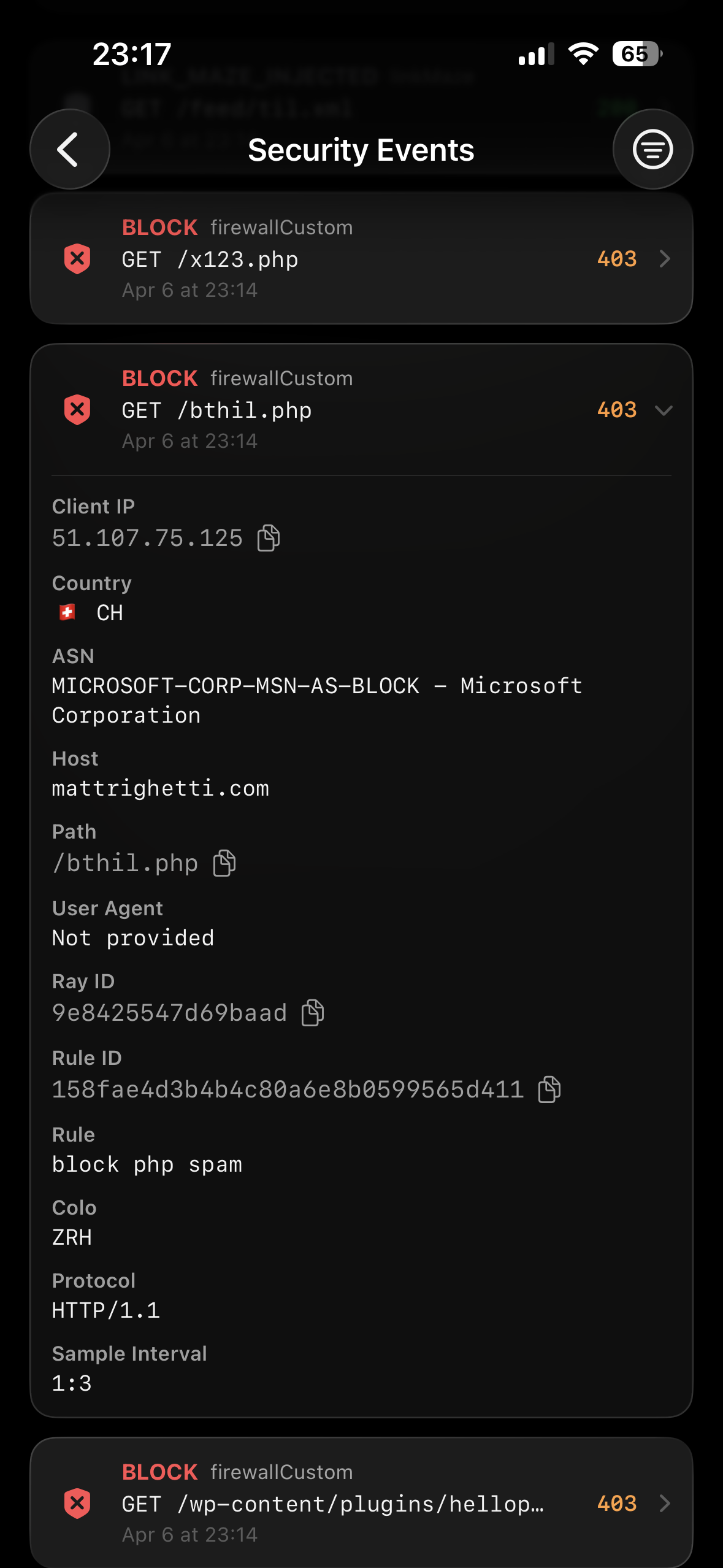 Security events log showing firewall blocks with IP, country, and rule details